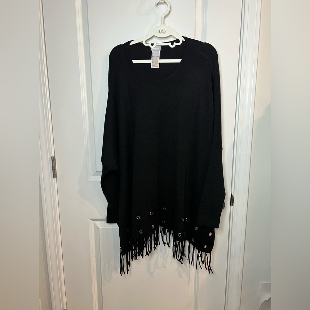 Chicos Women Large /xl Black Knit Top With Grommets Tassels Oversized Fringe